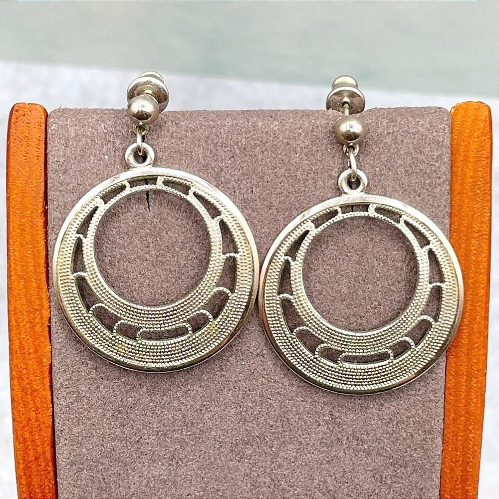 Vintage Silver Tone Cutout Textured Round Hoop Dangle Modern Post‎ Stud Drop Y2K